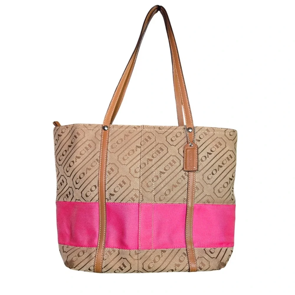 Coach Gallery Optic Print Pink Stripe Tote Bag Purse Handbag